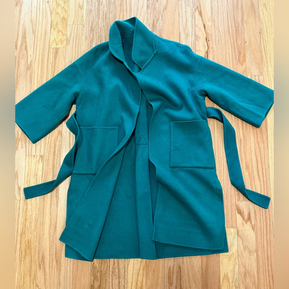 Classic Green 100% Wool Women's Open Front Coat Hand-made Size M